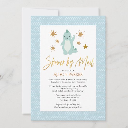 Cute Blue Dinosaur Gold Script Shower by Mail Kaart (Voorkant)