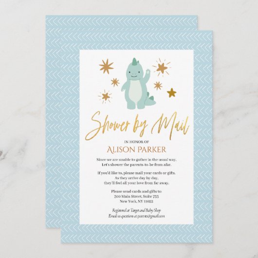 Cute Blue Dinosaur Gold Script Shower by Mail Kaart (Voorkant / Achterkant)