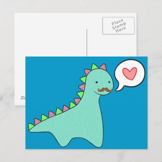Cute Blue Dinosaur Mustache Briefkaart (Voorkant / Achterkant)