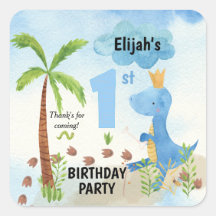 Cute Blue Dinosaur Palm Tree 1st Birthday Square