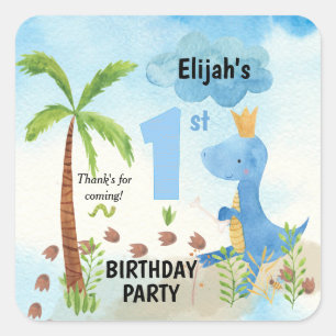 Cute Blue Dinosaur Palm Tree 1st Birthday Square Vierkante Sticker