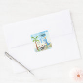 Cute Blue Dinosaur Palm Tree 1st Birthday Square Vierkante Sticker (Envelop)