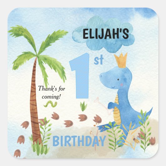 Cute Blue Dinosaur Palm Tree 1st Birthday Vierkante Sticker (Voorkant)