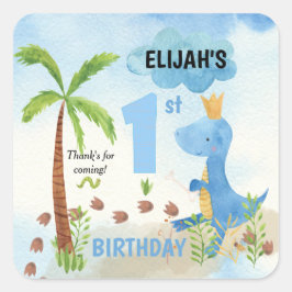 Cute Blue Dinosaur Palm Tree 1st Birthday Vierkante Sticker