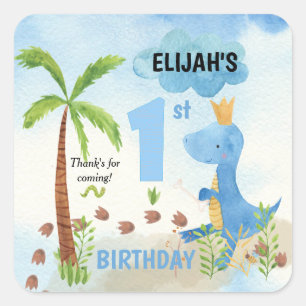 Cute Blue Dinosaur Palm Tree 1st Birthday Vierkante Sticker