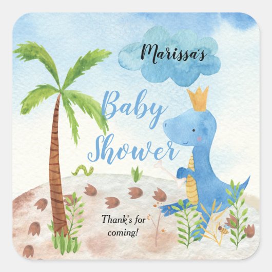 Cute Blue Dinosaur Palm Tree Baby shower Vierkante Sticker (Voorkant)