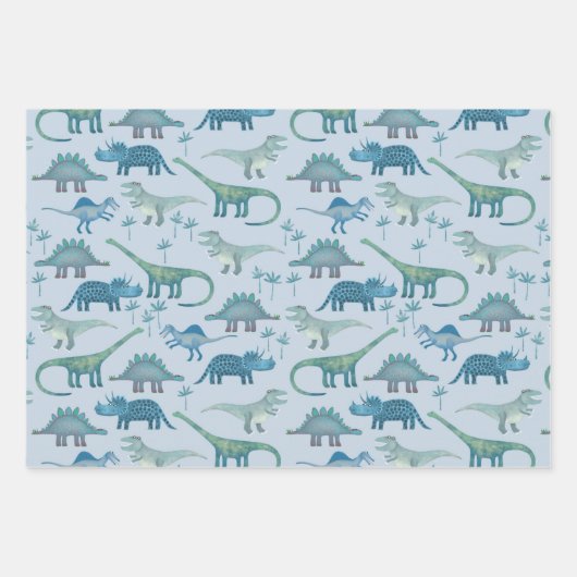Cute Blue Dinosaur Pattern Inpakpapier Vel (Voorkant)