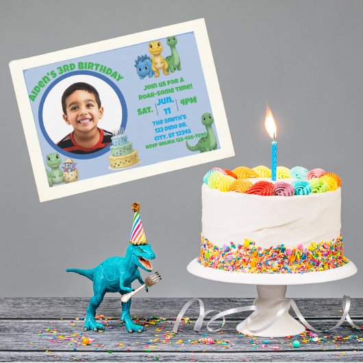 Cute Blue Dinosaur with Picture Birthday Kaart