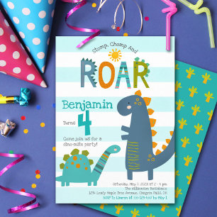 Cute Blue Dinosaurs Stomp Chomp Roar Boy Birthday Kaart