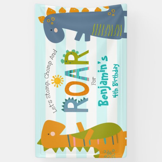 Cute Blue Dinosaurs Stomp Chomp Roar Boy Birthday Spandoek (Verticaal)