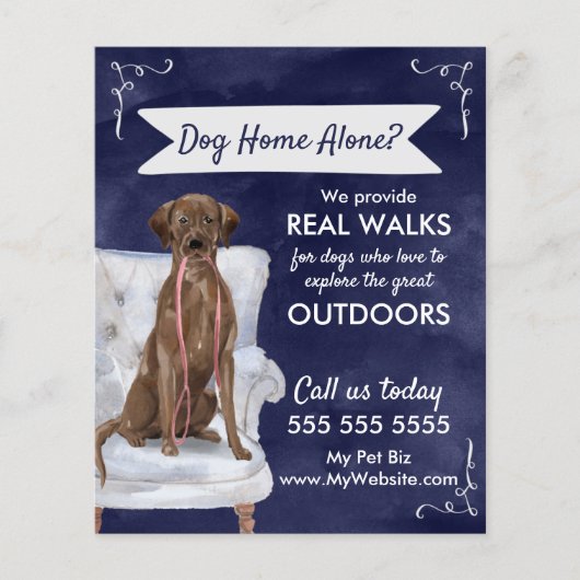 Cute Blue Dog Walker Flyer met Swirls en banner (Voorkant)