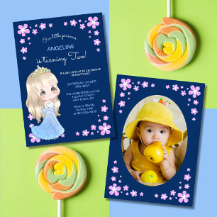 Cute Blue Dress Princess Floral Photo Birthday Kaart