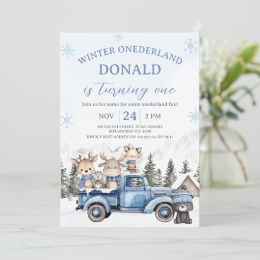 Cute Blue Editiable Winter Onederland Birthday Kaart (Staand voorkant)
