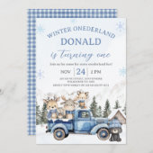 Cute Blue Editiable Winter Onederland Birthday Kaart (Voorkant / Achterkant)