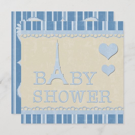 Cute Blue Eiffel Tower and Hearts Baby shower Kaart (Voorkant / Achterkant)