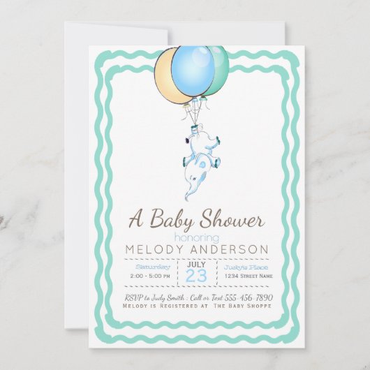 Cute Blue Elephant and Balloons Baby shower Kaart (Voorkant)