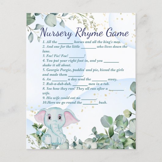 Cute Blue Elephant and Eucalyptus Baby shower Game Flyer (Voorkant)