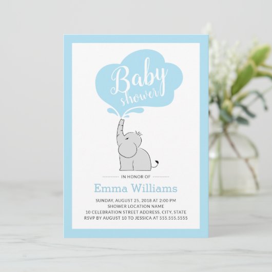 Cute Blue Elephant Baby shower Invitation for Boy Kaart (Staand voorkant)