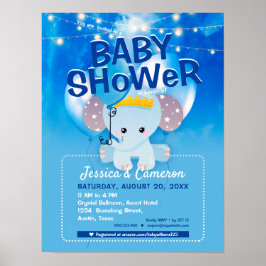 Cute Blue Elephant & Balloons Baby Party Flyer Poster