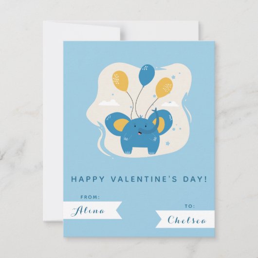 Cute Blue Elephant & Balloons Kinder Valentijnsdag Notitiekaartje (Voorkant)