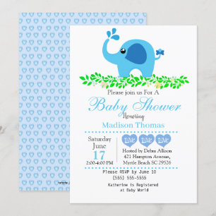 Cute Blue Elephant Boy Baby shower Invitation Kaart