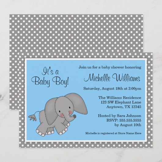 Cute Blue Elephant Boy Baby shower Kaart (Voorkant / Achterkant)