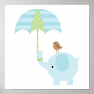 Cute Blue Elephant Boy Nursery Poster