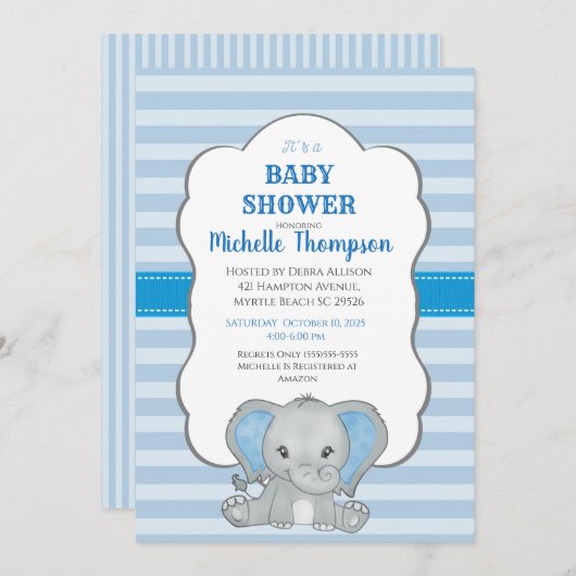 Cute Blue Elephant Boys Baby shower Kaart (Voorkant / Achterkant)
