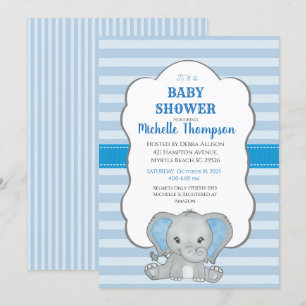 Cute Blue Elephant Boys Baby shower Kaart
