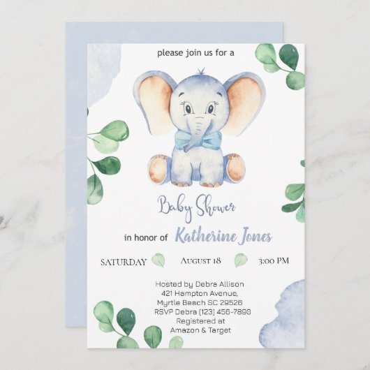 Cute Blue Elephant Boys Baby shower Kaart (Voorkant / Achterkant)