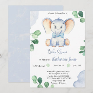 Cute Blue Elephant Boys Baby shower Kaart
