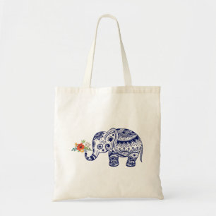 Cute Blue Elephant Brand Colorful Flowers Tote Bag