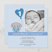 Cute Blue Elephant Foto First 1st Birthday Party Kaart (Voorkant / Achterkant)