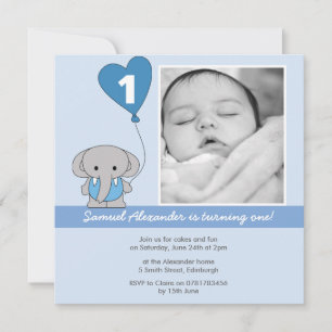 Cute Blue Elephant Foto First 1st Birthday Party Kaart