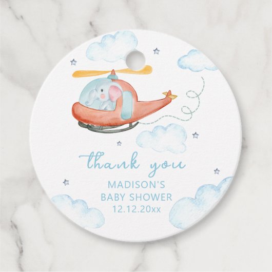 Cute Blue Elephant Helicopter Airplane Baby Shower Bedankjes Labels (Voorkant)