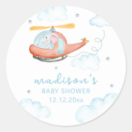 Cute Blue Elephant Helicopter Airplane Baby Shower Ronde Sticker