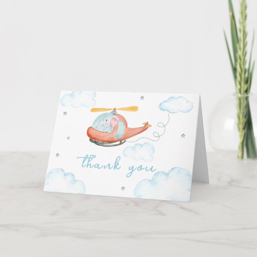 Cute Blue Elephant Helicopter Baby Shower Bedankkaart (Voorkant)