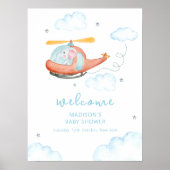 Cute Blue Elephant Helicopter Baby Shower Welcome Poster (Voorkant)