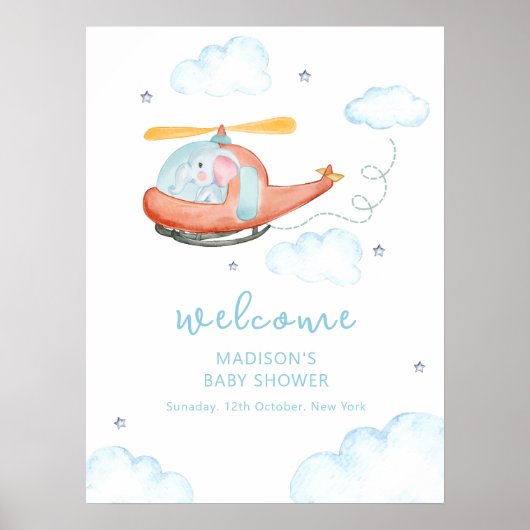 Cute Blue Elephant Helicopter Baby Shower Welcome  Poster (Voorkant)