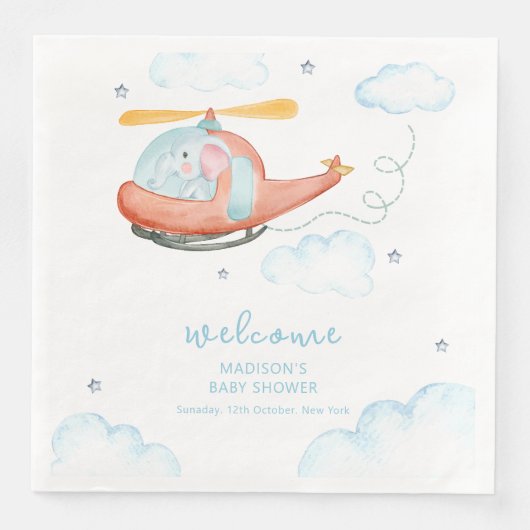 Cute Blue Elephant Helicopter Baby Shower Welcome  Servet (Voorkant)