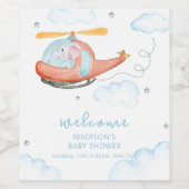 Cute Blue Elephant Helicopter Baby Shower Welcome Wijn Etiket (Enkel label)