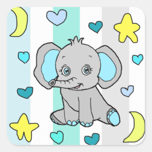 Cute Blue Elephant, Stars, Mons and Hearts Vierkante Sticker