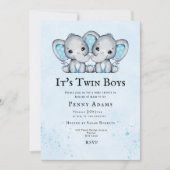 Cute Blue Elephant Twins Baby Shower Invitation Bedankkaart (Voorkant)
