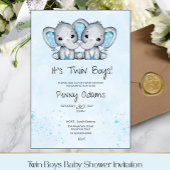 Cute Blue Elephant Twins Baby Shower Invitation Bedankkaart