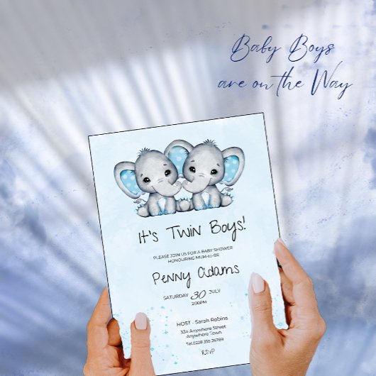 Cute Blue Elephant Twins Baby Shower Invitation Bedankkaart