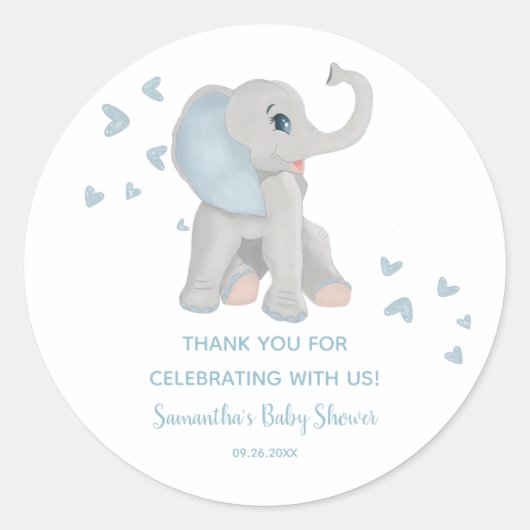 Cute Blue Elephant Waterverf Baby shower Favor Ronde Sticker (Voorkant)
