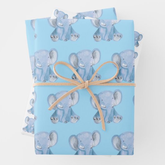 Cute Blue Elephant Wrapping Paper Set (In situ)