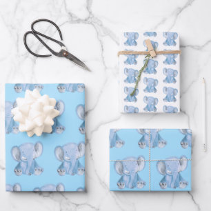 Cute Blue Elephant Wrapping Paper Set