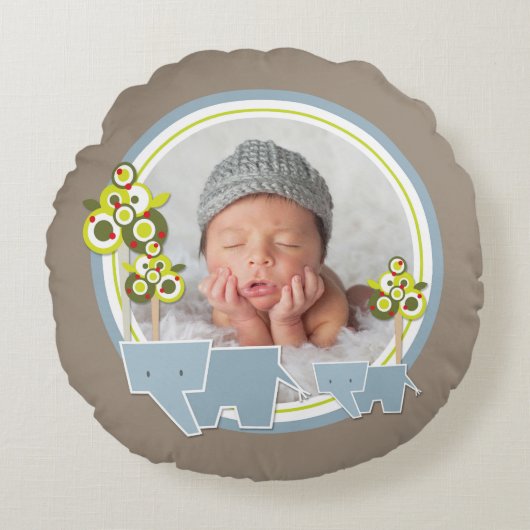 Cute Blue Elephants Forest Baby Boy Foto Rond Kussen (Voorkant)