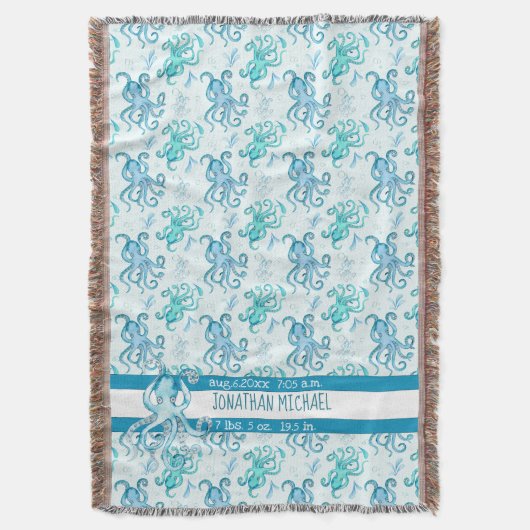 Cute Blue en Blauwgroen Octopus Baby's Name Zee Li Deken (Voorkant Verticaal)